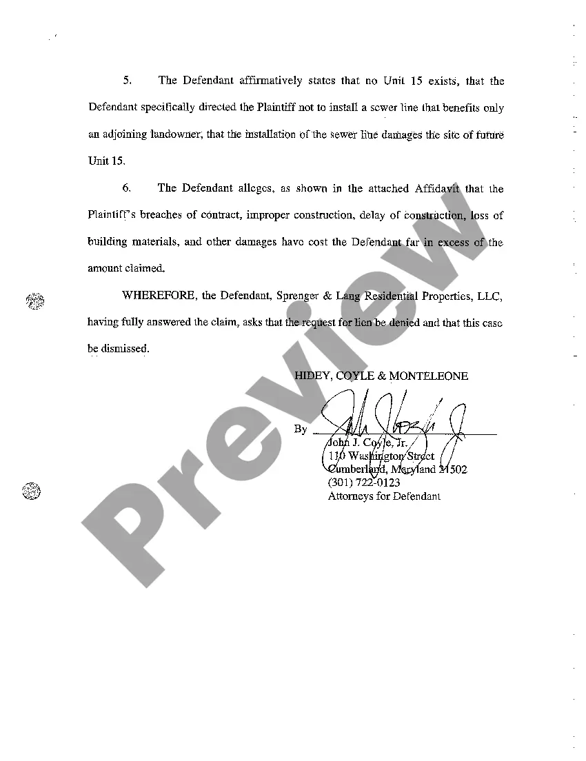 Preview A05 Answer to Petition to Establish and Enforce Mechanic's Lien