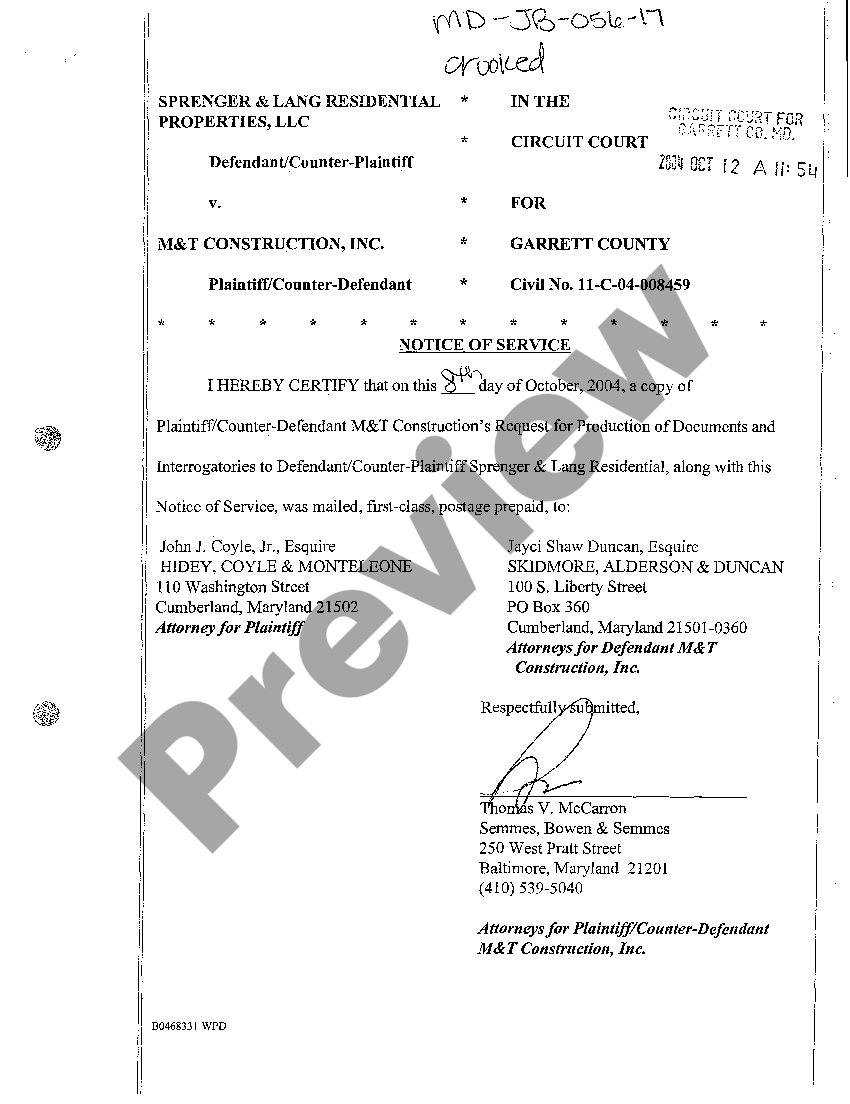 Maryland Notice of Service of Request for Production of Documents and ...