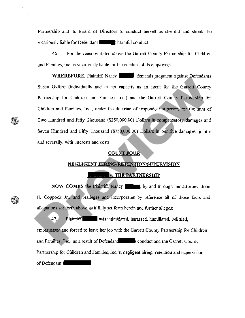 Get A01 Complaint Wrongful Discharge, Intentional Infliction of Emotional Distress, Respondeat Superior, and Negligent Hiring, Retention, Supervision Preview A01 Complaint Wrongful Discharge, Intentional Infliction of Emotional Distress, Respondeat Superior, and Negligent Hiring, Retention, Supervision