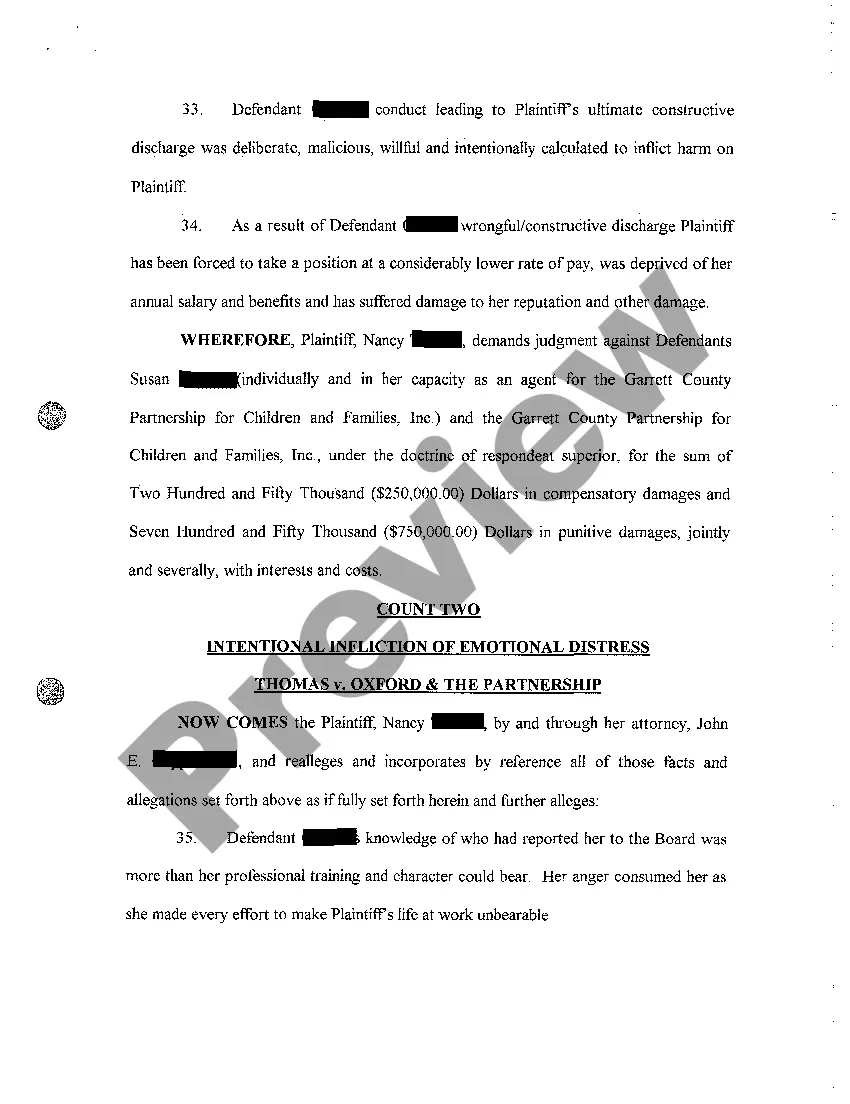 Get A01 Complaint Wrongful Discharge, Intentional Infliction of Emotional Distress, Respondeat Superior, and Negligent Hiring, Retention, Supervision Preview A01 Complaint Wrongful Discharge, Intentional Infliction of Emotional Distress, Respondeat Superior, and Negligent Hiring, Retention, Supervision