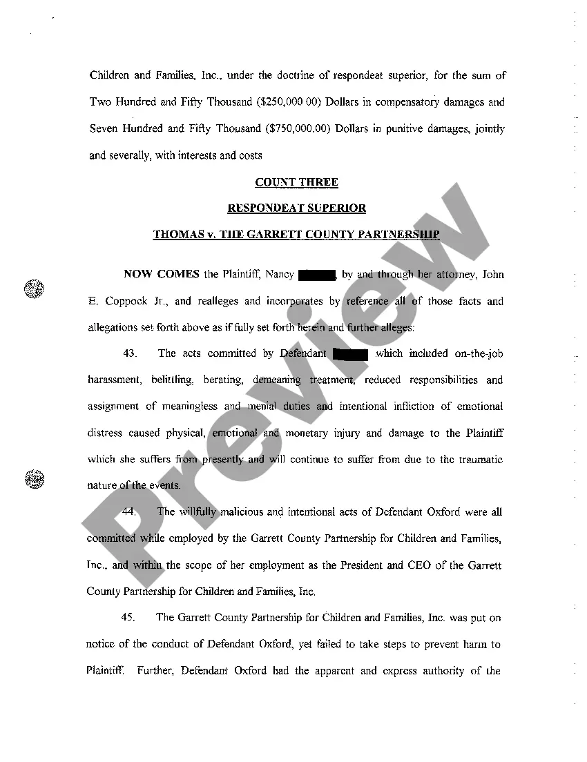 Get A01 Complaint Wrongful Discharge, Intentional Infliction of Emotional Distress, Respondeat Superior, and Negligent Hiring, Retention, Supervision Preview A01 Complaint Wrongful Discharge, Intentional Infliction of Emotional Distress, Respondeat Superior, and Negligent Hiring, Retention, Supervision