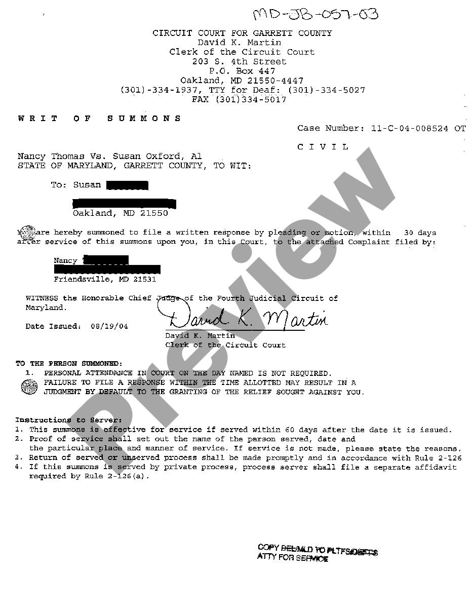 Maryland Writ Of Summons Of Defendant - Writ Summons Pleading | US ...