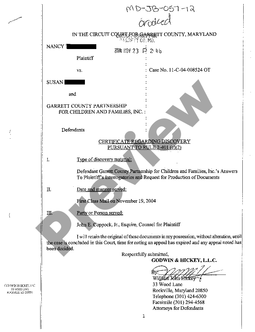 Maryland Certificate Regarding Discovery of Answers to Plaintiff's ...