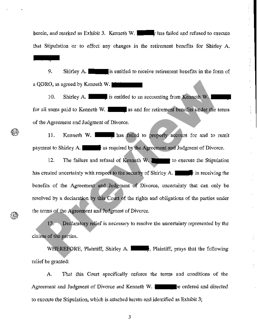 Preview A01 Complaint for Declaratory Relief for Enforcement of the Agreement and Judgment of Divorce