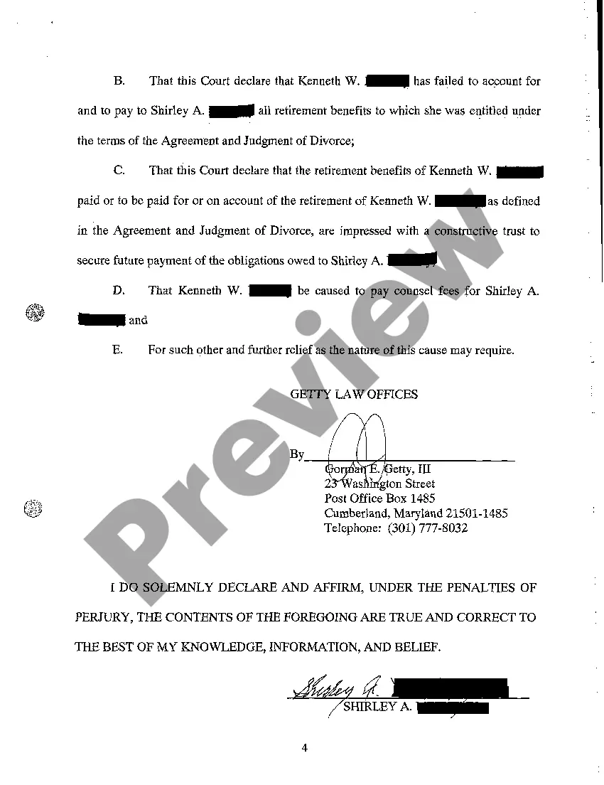 Preview A01 Complaint for Declaratory Relief for Enforcement of the Agreement and Judgment of Divorce