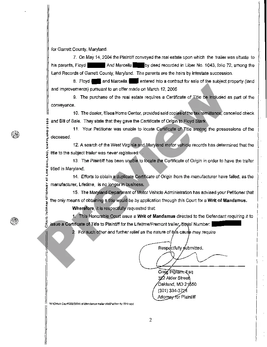 Get A01 Petition for Writ of Mandamus to Issue a Certificate of Title to a Trailer Preview A01 Petition for Writ of Mandamus to Issue a Certificate of Title to a Trailer
