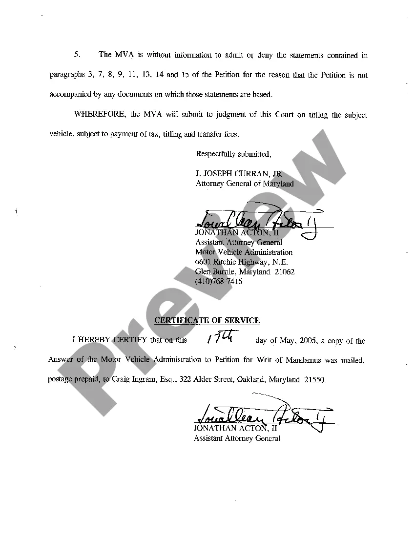 Preview A09 Answer of the Motor Vehicle Administration to Petition for Writ of Mandamus