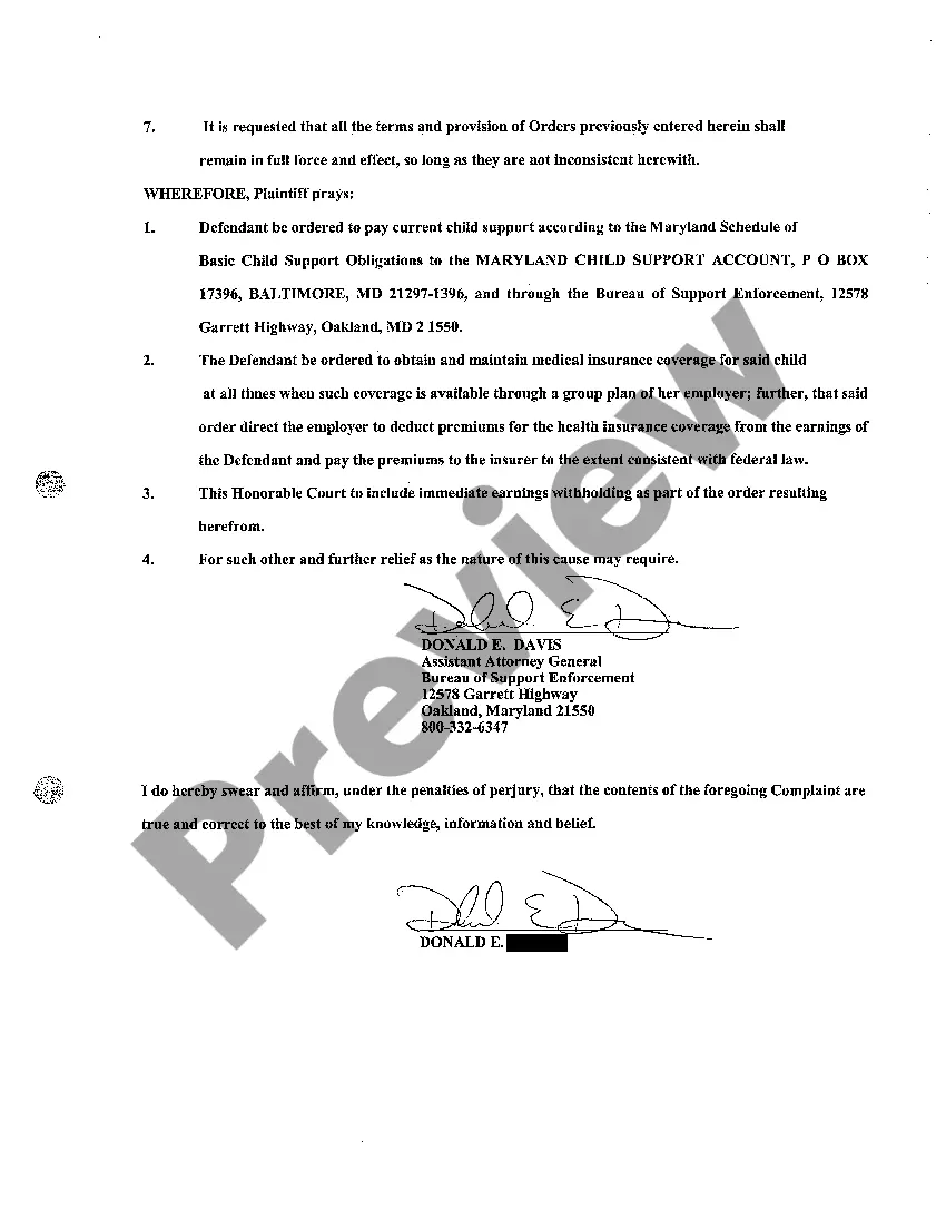 Preview A01 Complaint Withholding of Earnings for Purposes of Child Support