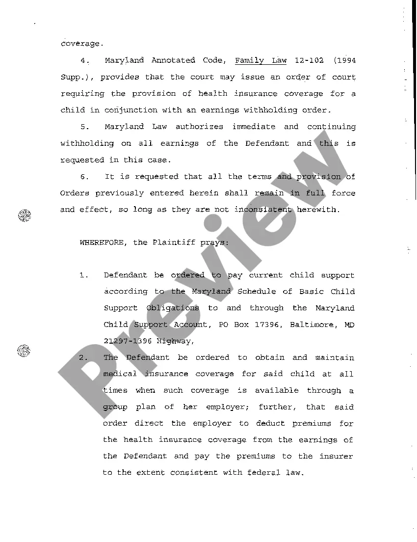 Preview A01 Complaint Withholding of Earnings for Purpose of Child Support