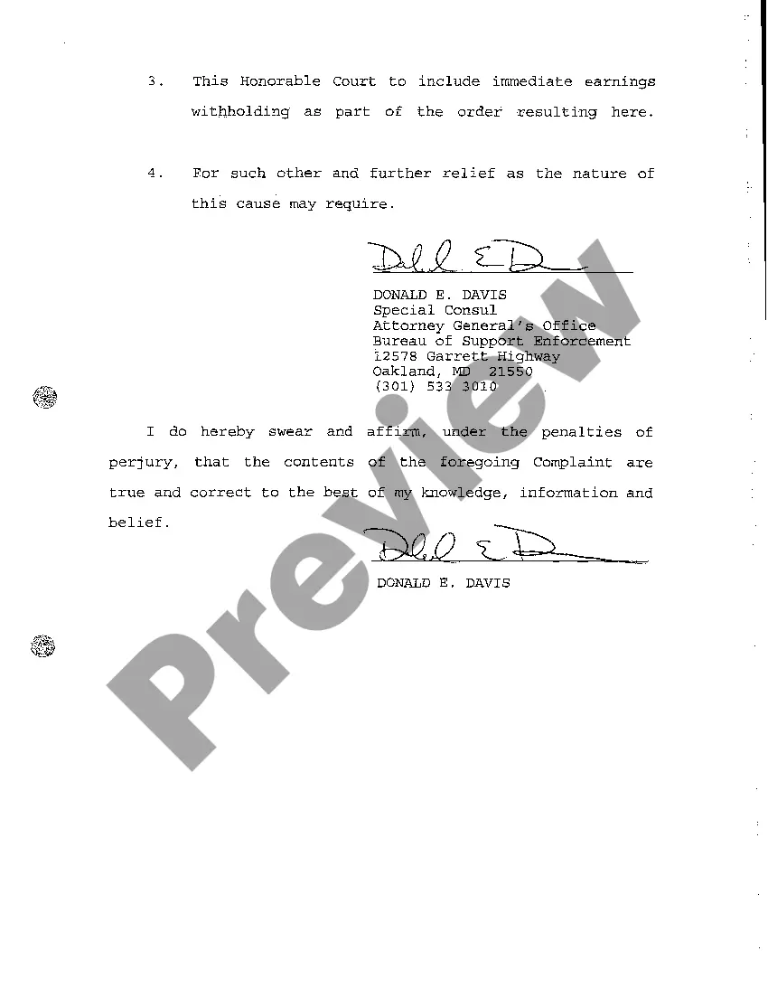 Preview A01 Complaint Withholding of Earnings for Purpose of Child Support