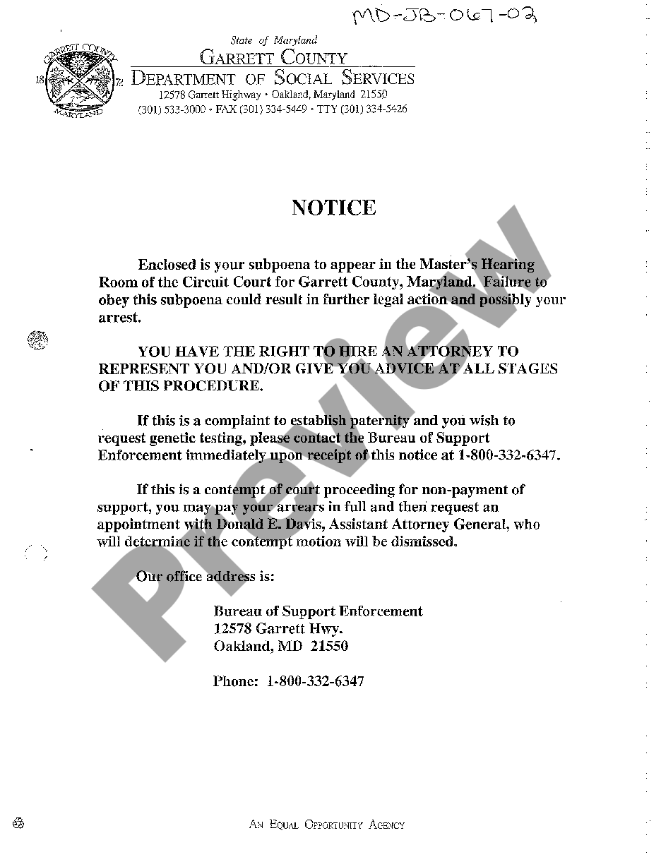 Maryland Notice to Appear to Master s Hearing US Legal Forms