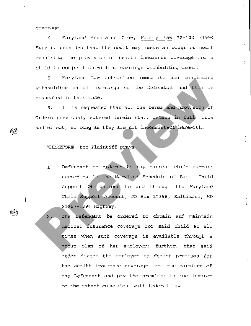 Preview A01 Complaint Withholding of Earnings for Purpose of Child Support