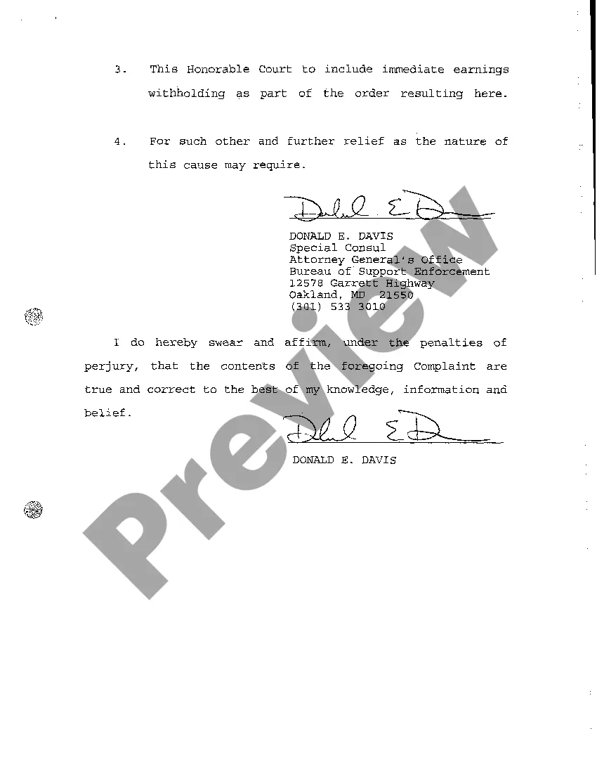 Preview A01 Complaint Withholding of Earnings for Purpose of Child Support