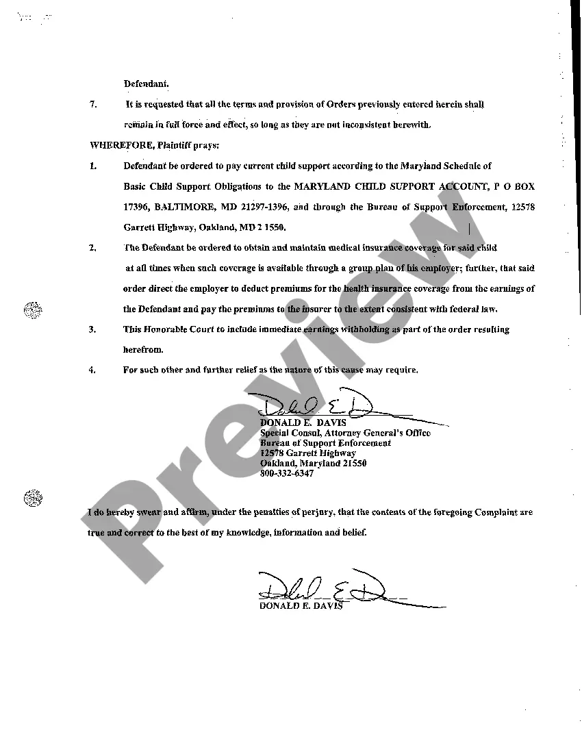 Preview A01 Complaint Withholding of Earnings for Purpose of Child Support