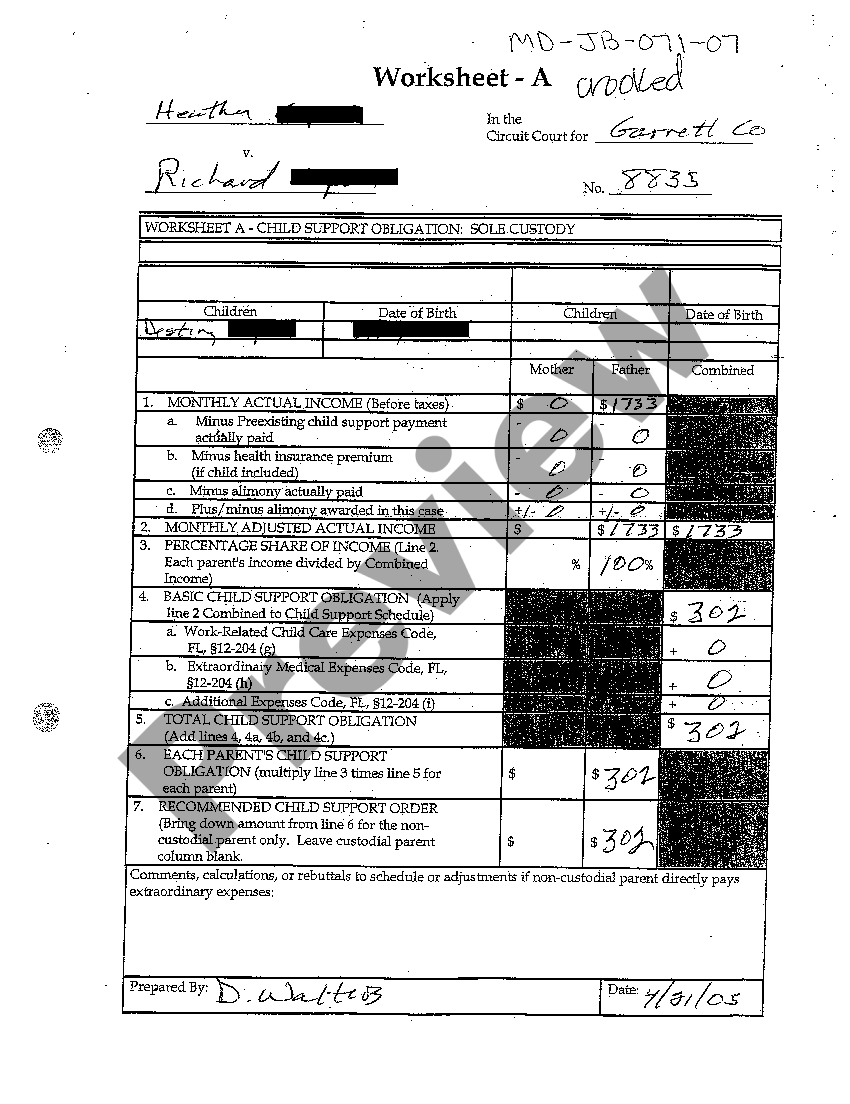 Maryland Worksheet A Child Support Obligation Sole Custody Child