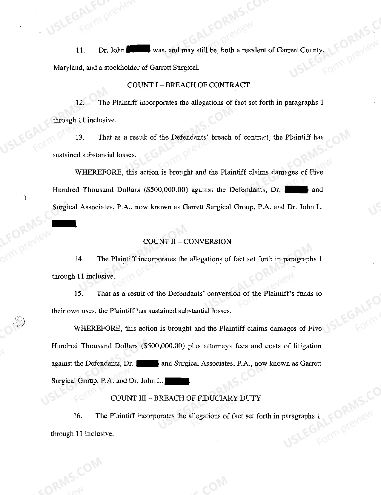 Preview A01 Complaint for Breach of Employment Agreement to Pay Employee Fees Generated