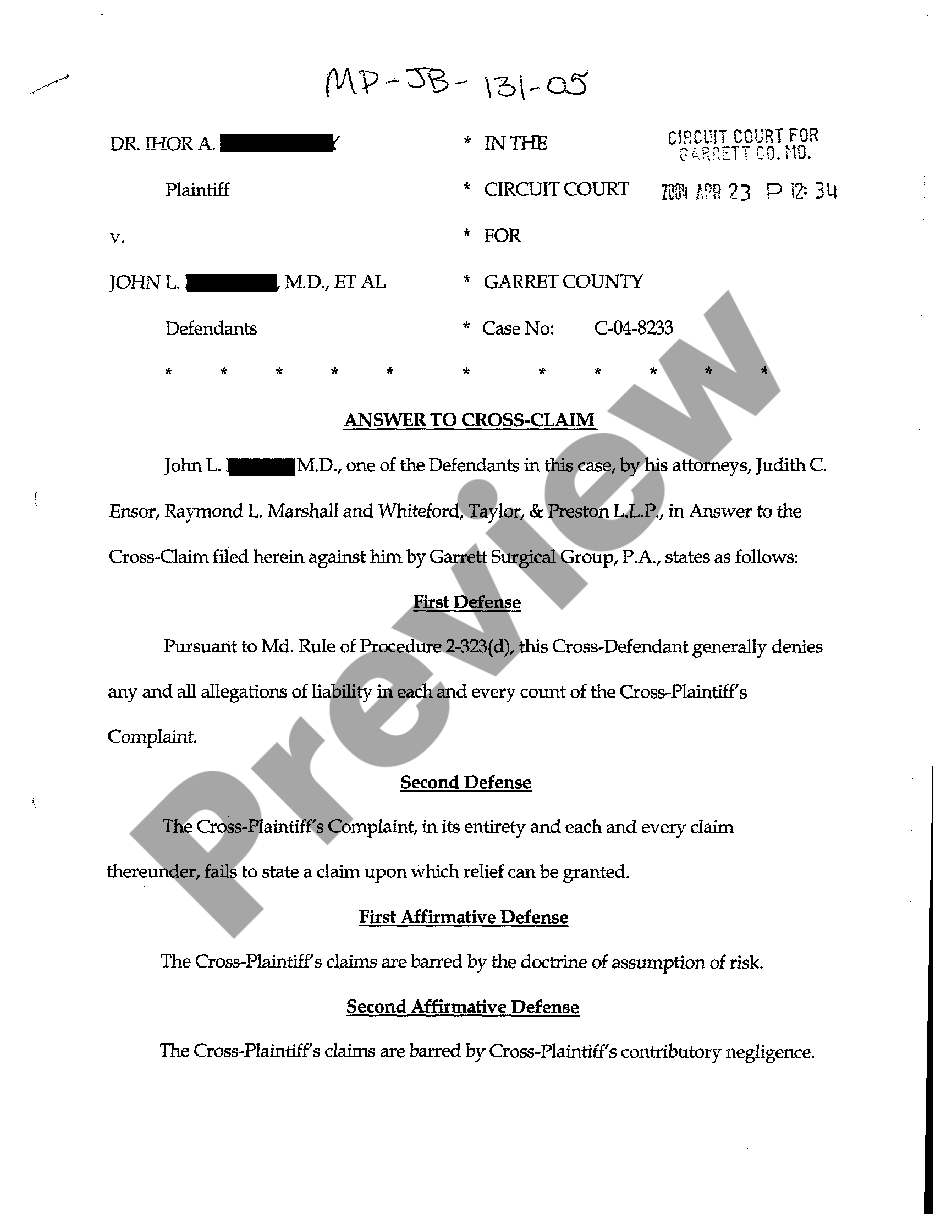 Cross Claim For Contractual Indemnification | US Legal Forms