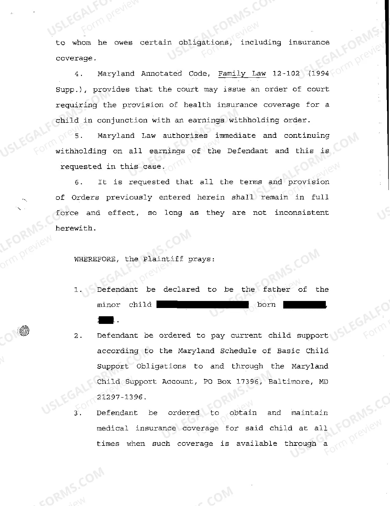 Preview A01 Complaint by Foster Parents Against Biological Father for Child Support and Health Insurance for Child 1