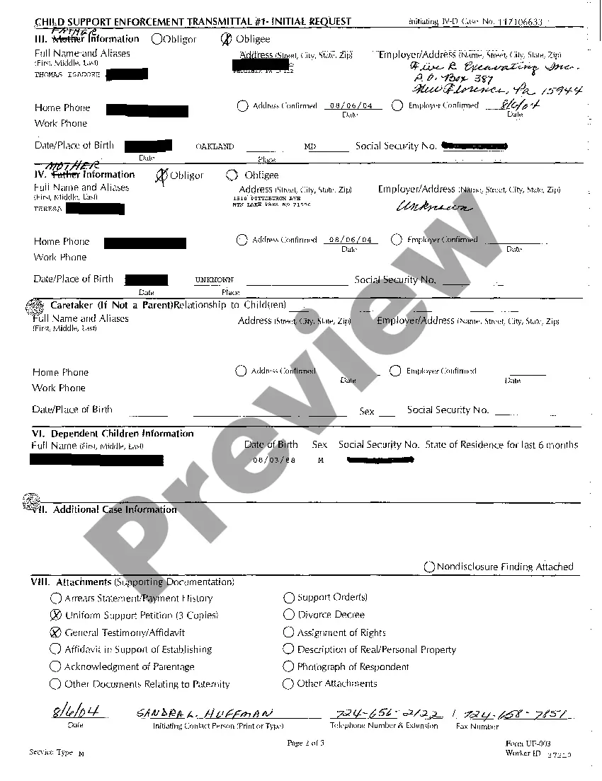 Preview A01 Child Support Enforcement Transmittal