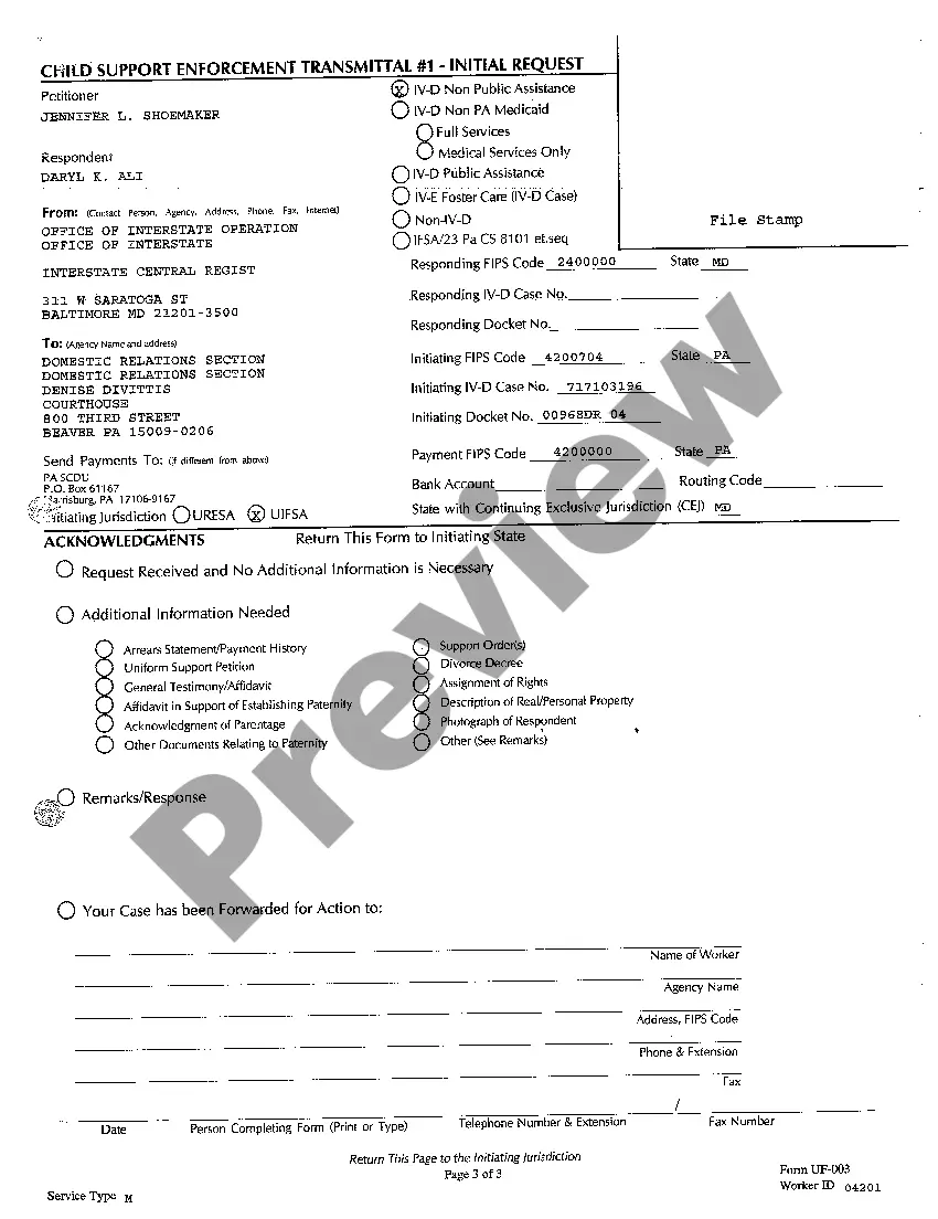 Preview A01 Child Support Enforcement Transmittal for the Establishment of Child Support and Medical Coverage
