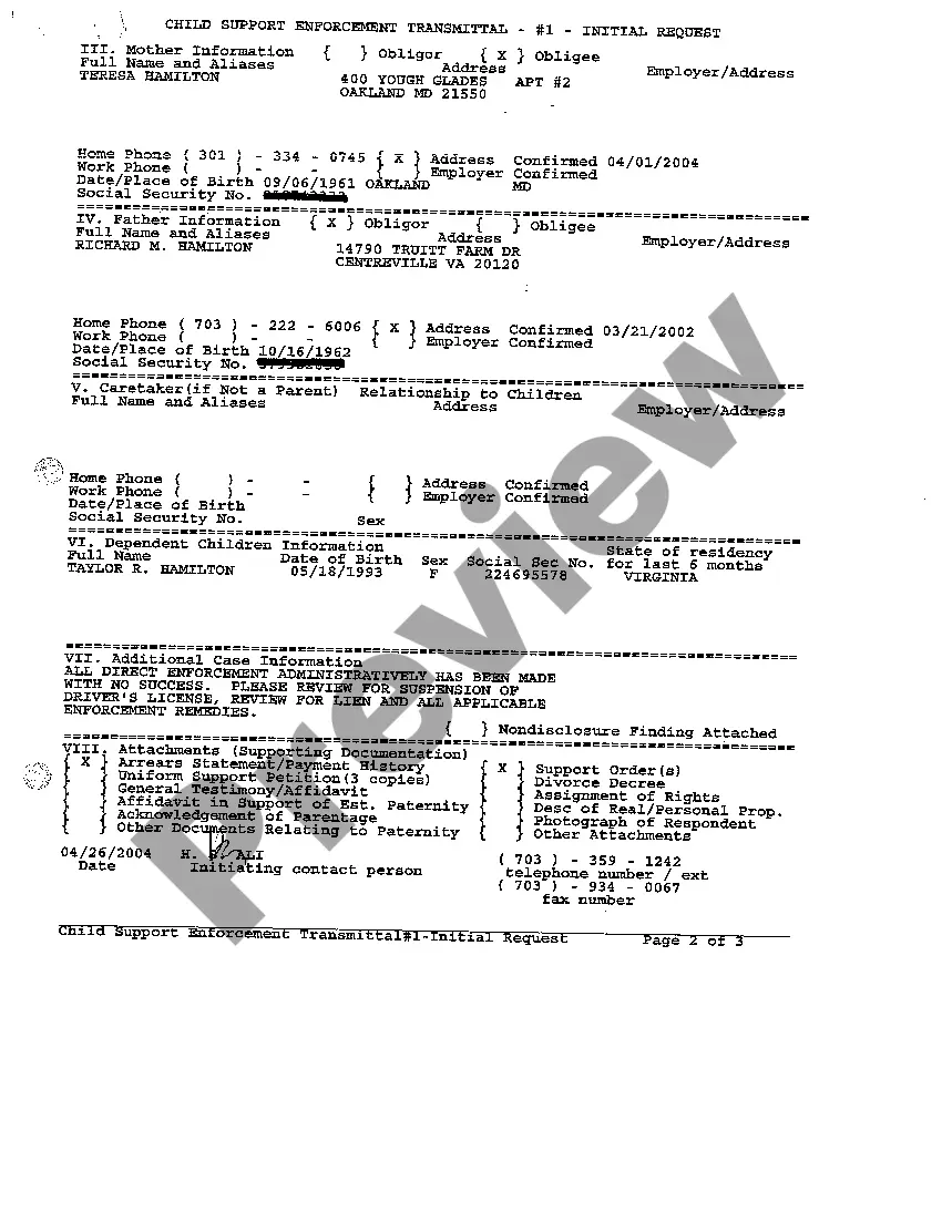 Preview A01 Child Support Enforcement Transmittal