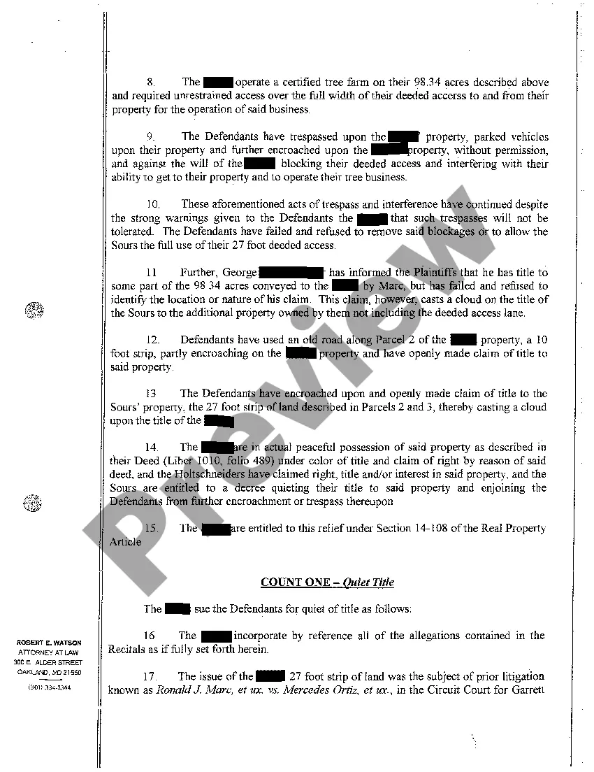 Preview A01 Complaint for Quieting Title and Trespass to Property Hampering Plaintiff's Tree Farm Business