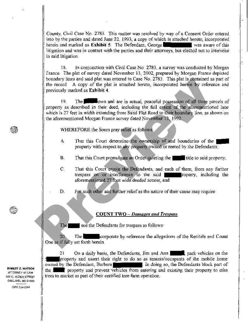 Preview A01 Complaint for Quieting Title and Trespass to Property Hampering Plaintiff's Tree Farm Business
