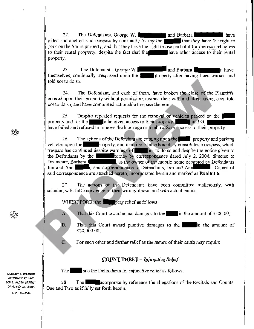 Preview A01 Complaint for Quieting Title and Trespass to Property Hampering Plaintiff's Tree Farm Business