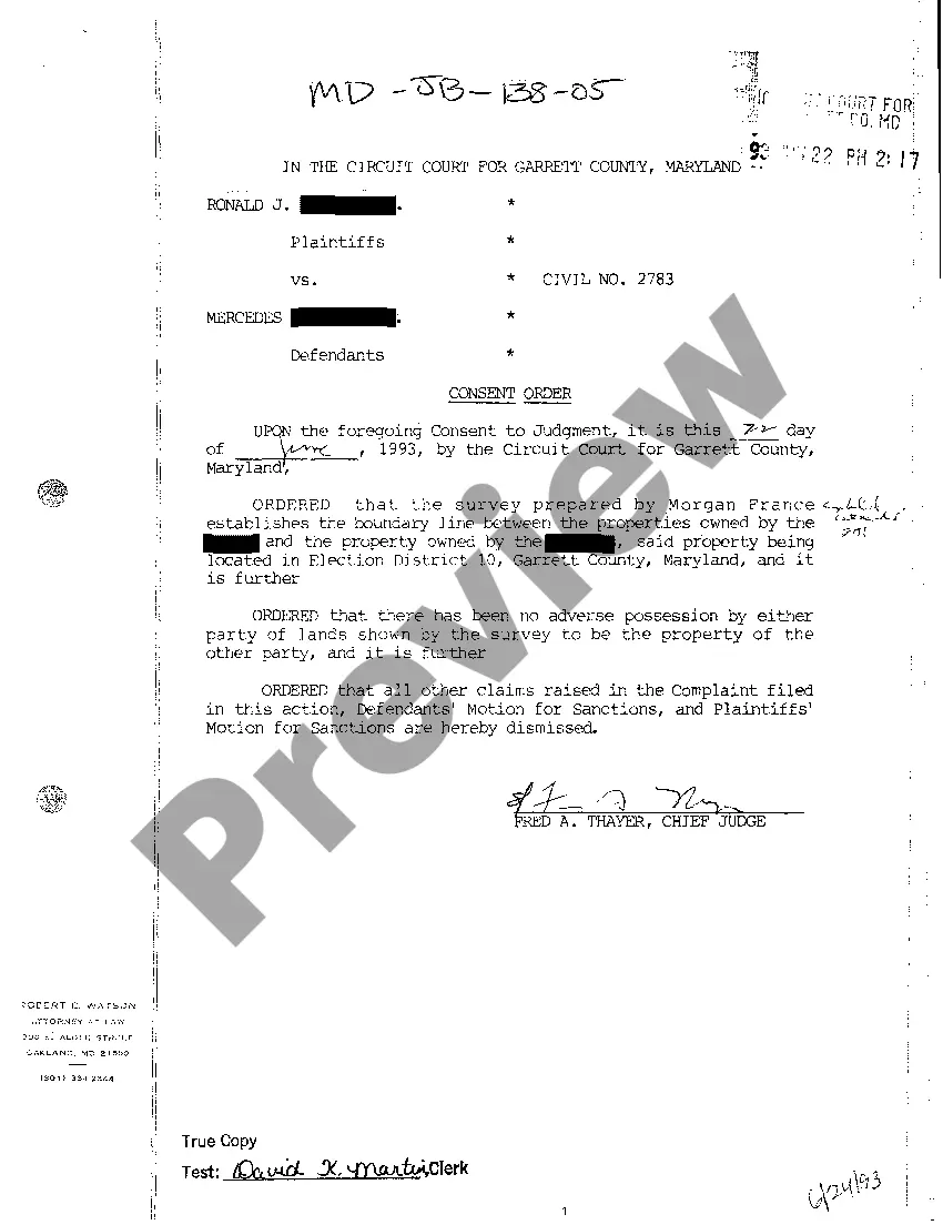 Preview A05 Consent Order that Survey was Accurate, No Adverse Possession, and Dismissal of Sanctions