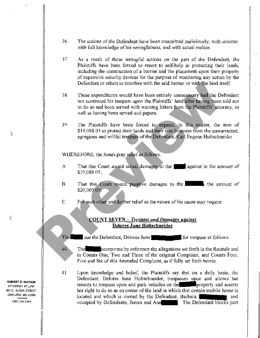 Preview A11 Amended Complaint for Quieting Title and Trespass to Property Hampering Plaintiff's Tree Farm Business