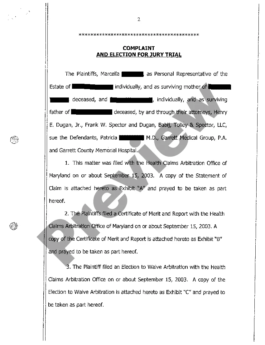 Get A01 Complaint Against Hospital for Wrongful Death of Newborn Baby Preview A01 Complaint Against Hospital for Wrongful Death of Newborn Baby