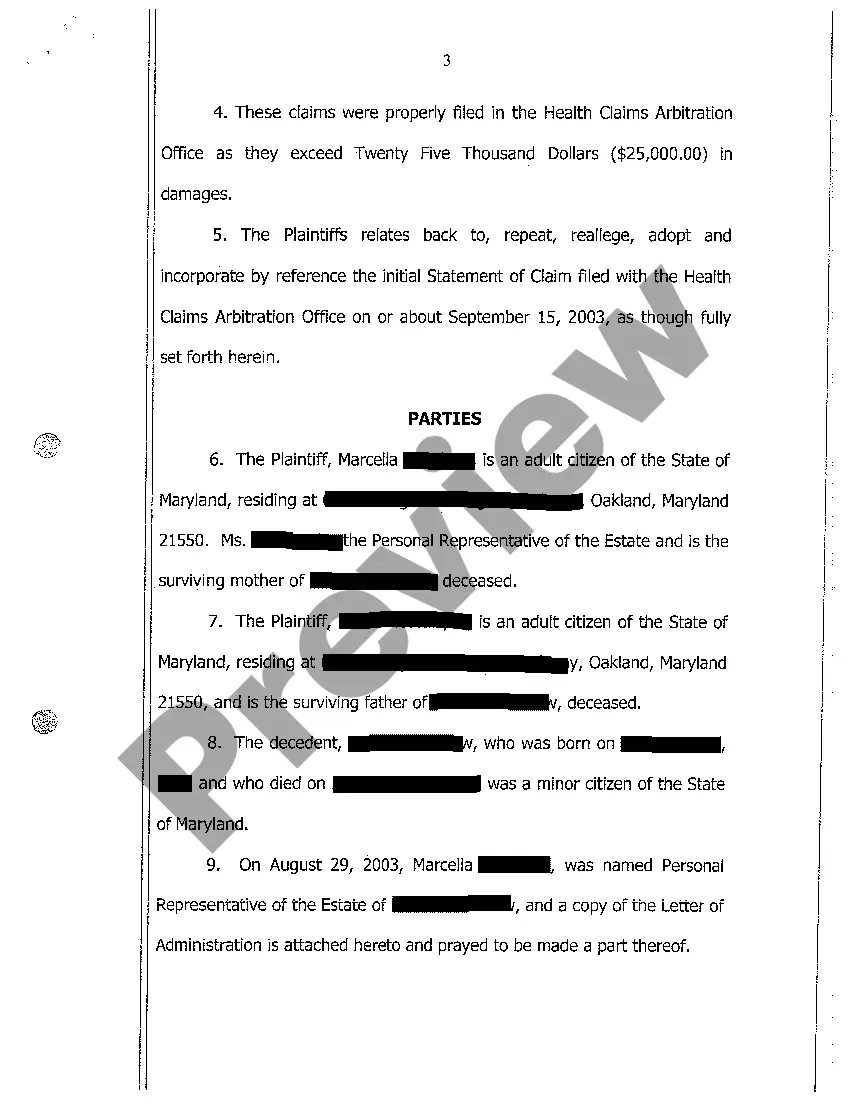 Get A01 Complaint Against Hospital for Wrongful Death of Newborn Baby Preview A01 Complaint Against Hospital for Wrongful Death of Newborn Baby