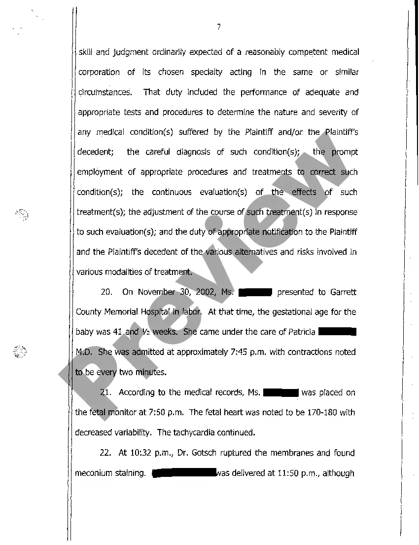 Get A01 Complaint Against Hospital for Wrongful Death of Newborn Baby Preview A01 Complaint Against Hospital for Wrongful Death of Newborn Baby