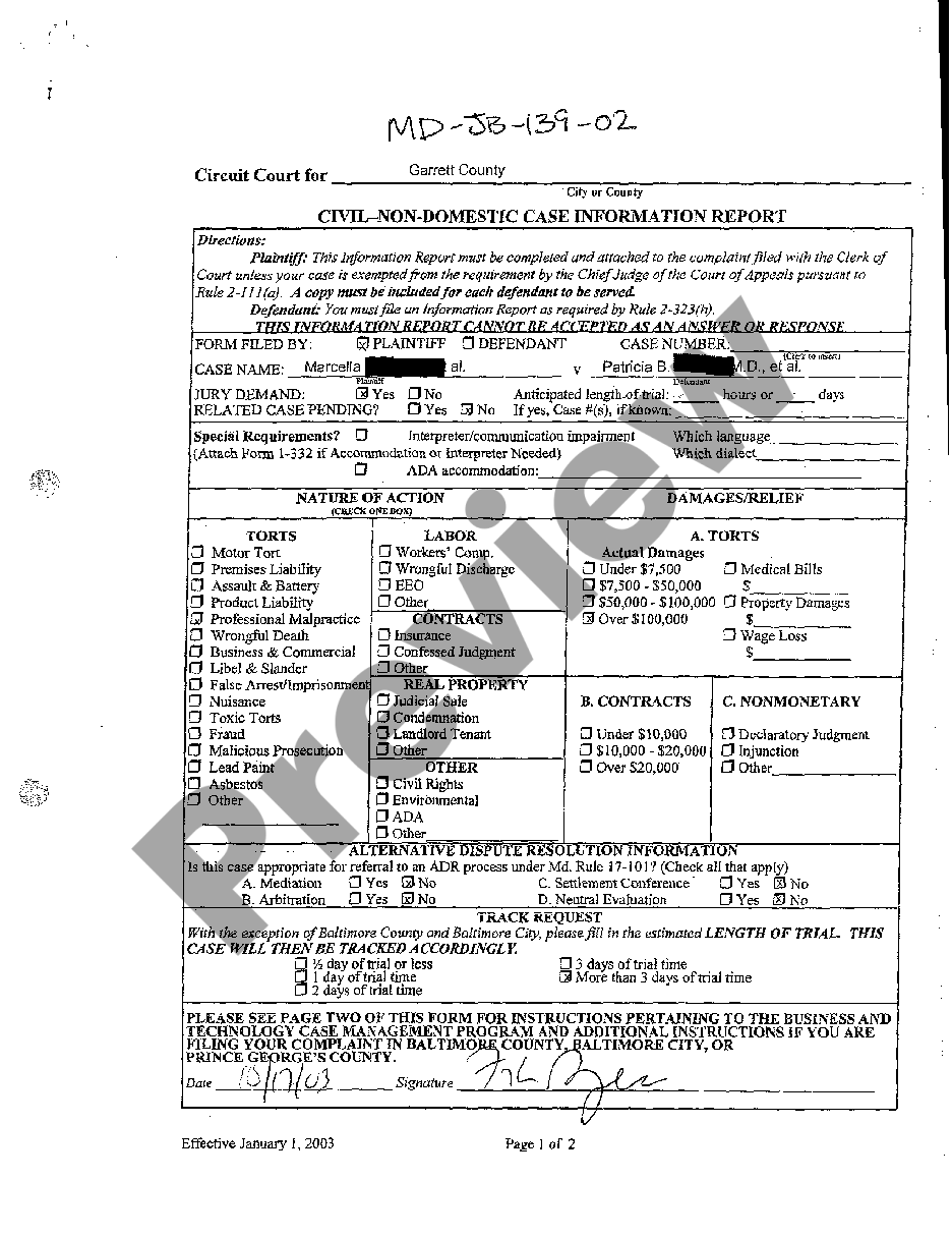 Maryland Civil NonDomestic Case Information Report Maryland Case