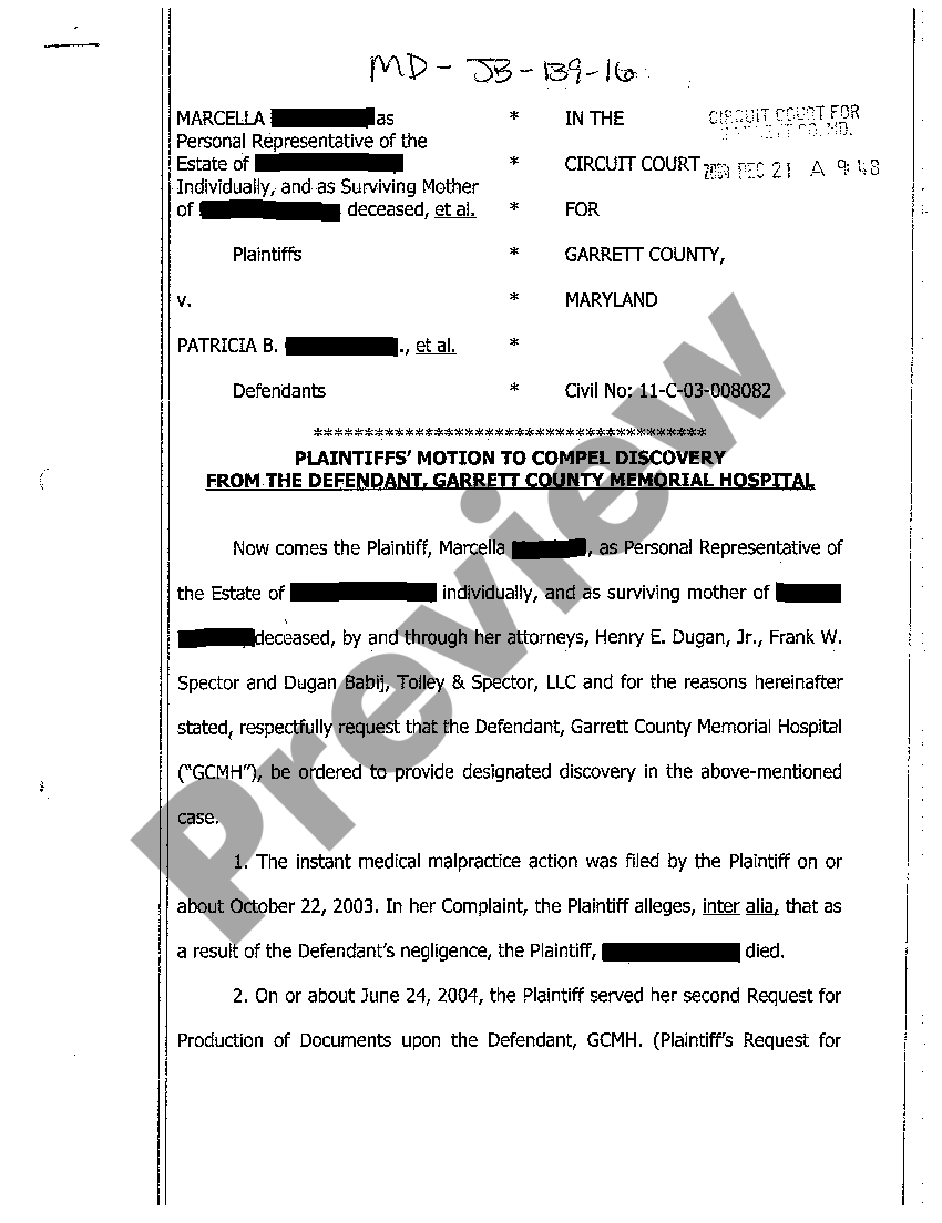 Maryland Plaintiffs' Motion to Compel Discovery From Defendant Hospital Motion To Compel