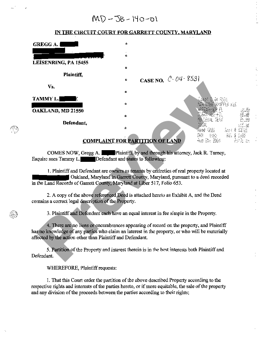 Maryland Complaint for Partition of Land US Legal Forms