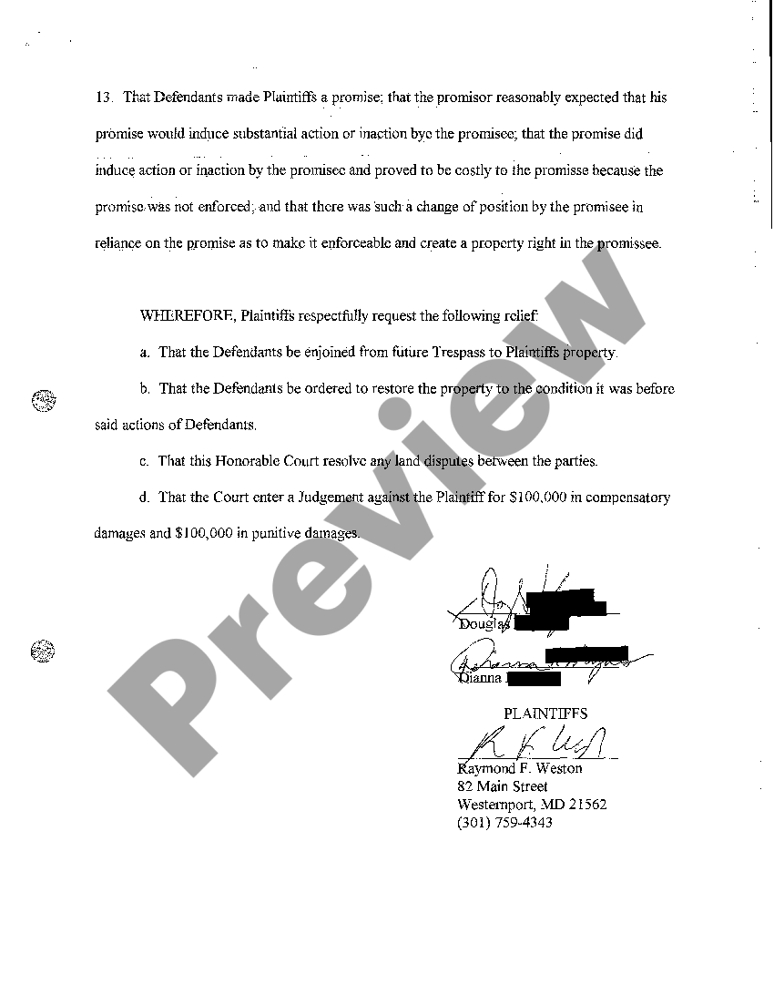 Maryland Complaint for Trespass to Property and to Quiet Title Sample