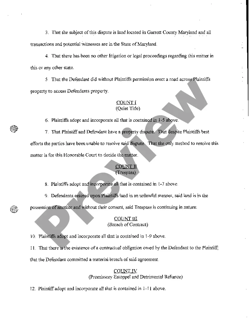 Get A01 Complaint for Trespass to Property and to Quiet Title Preview A01 Complaint for Trespass to Property and to Quiet Title