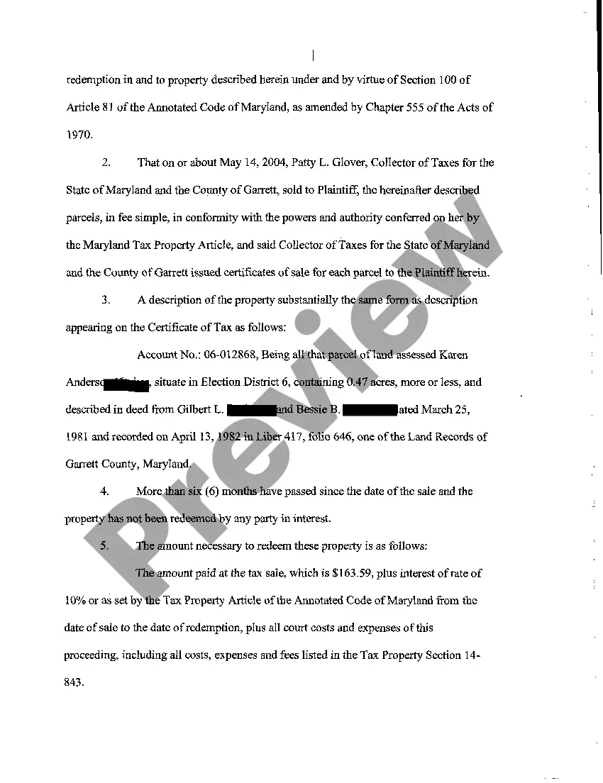 Preview A01 Complaint to Foreclosure Equity of Redemption Property Sold For Nonpayment of Taxes