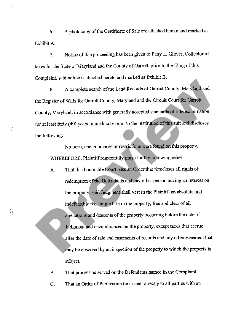 Preview A01 Complaint to Foreclosure Equity of Redemption Property Sold For Nonpayment of Taxes