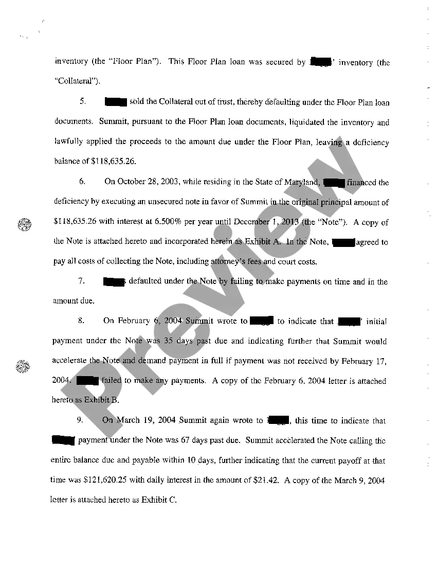Get A01 Complaint for Breach of Promissory Note by Selling Collateral Security Preview A01 Complaint for Breach of Promissory Note by Selling Collateral Security