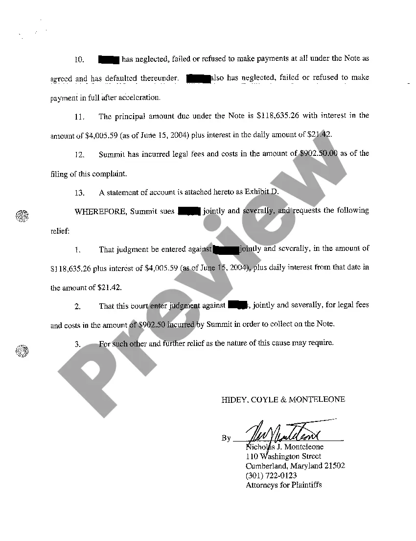 Get A01 Complaint for Breach of Promissory Note by Selling Collateral Security Preview A01 Complaint for Breach of Promissory Note by Selling Collateral Security