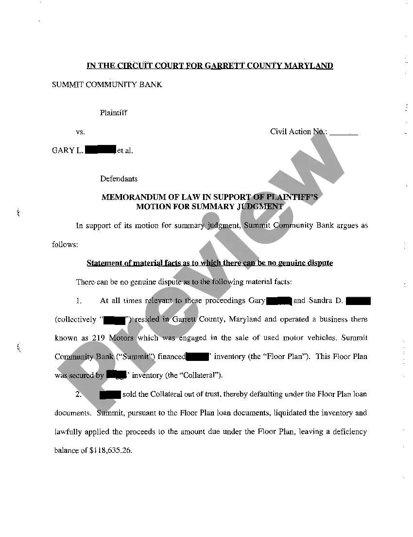Preview A02 Plaintiff's Motion for Summary Judgment, Affidavit in Support of Motion, and Order Granting Summary Judgment