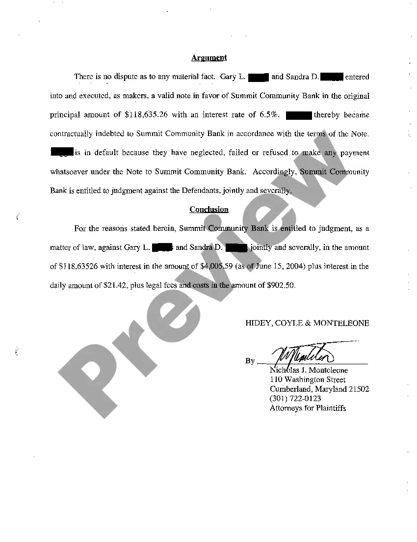 Preview A02 Plaintiff's Motion for Summary Judgment, Affidavit in Support of Motion, and Order Granting Summary Judgment