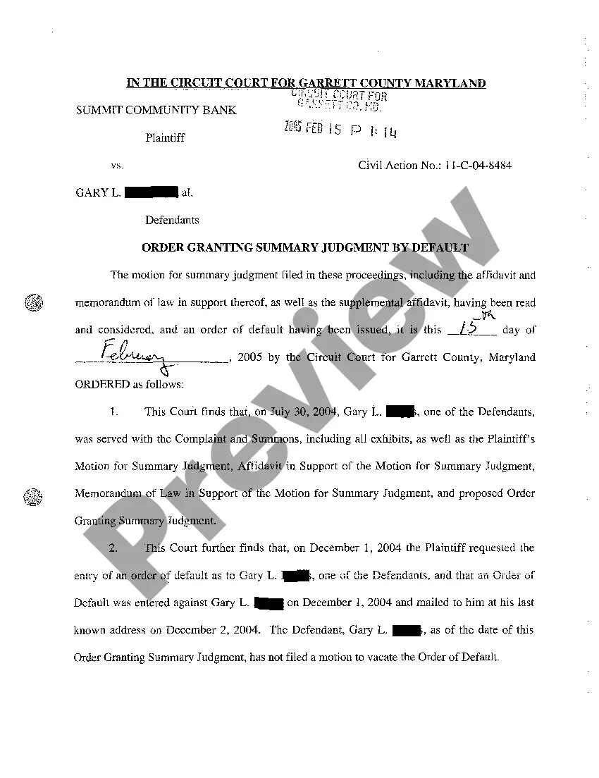 Preview A02 Plaintiff's Motion for Summary Judgment, Affidavit in Support of Motion, and Order Granting Summary Judgment