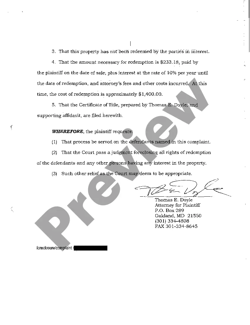 Preview A01 Complaint to Foreclose Rights of Redemption