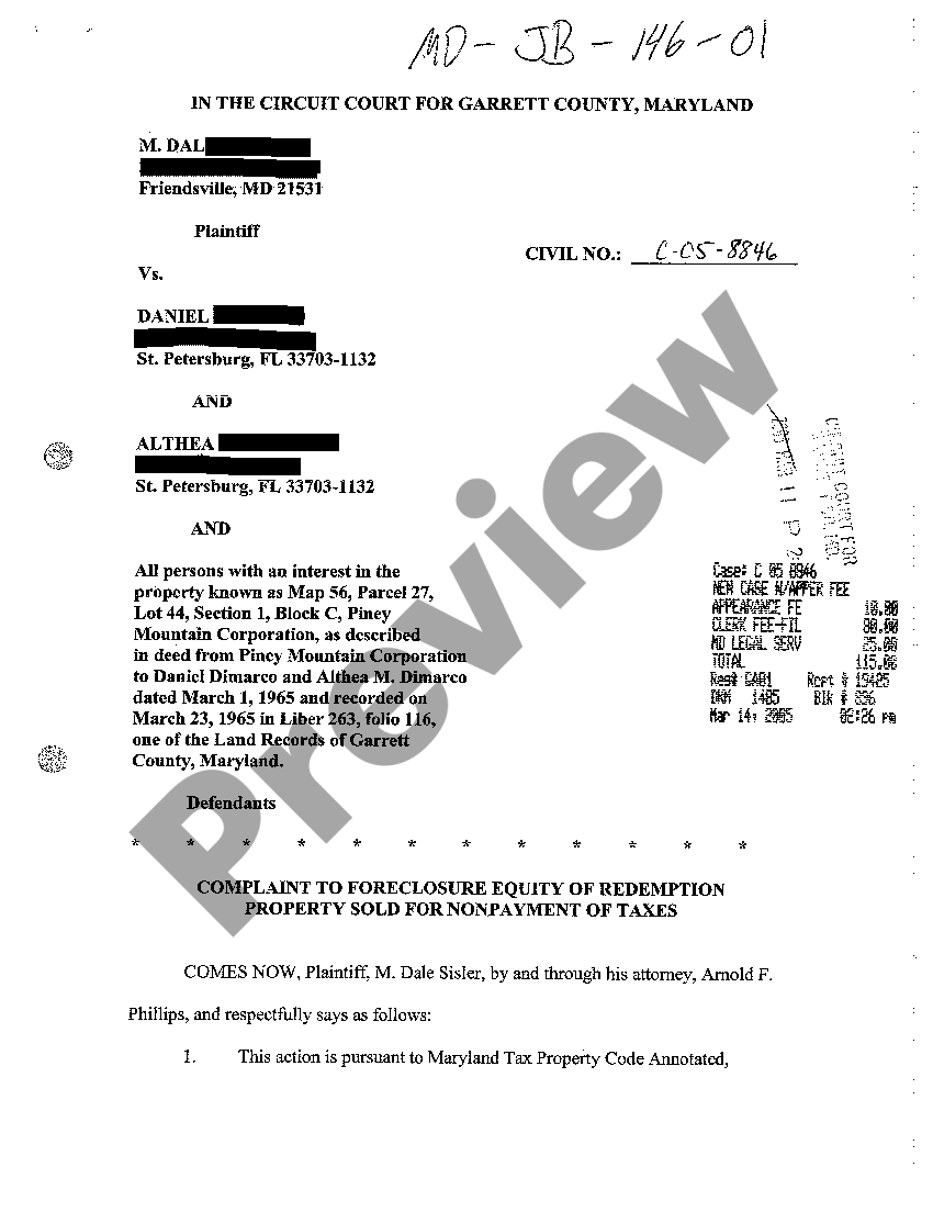 Maryland Complaint to Foreclosure Equity of Redemption Property Sold