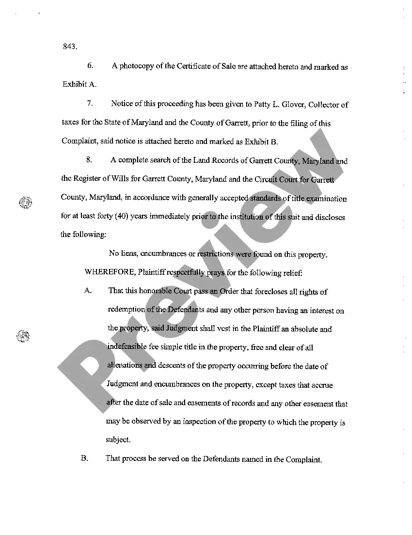 Get A01 Complaint to Foreclosure Equity of Redemption Property Sold for Nonpayment of Taxes Preview A01 Complaint to Foreclosure Equity of Redemption Property Sold for Nonpayment of Taxes