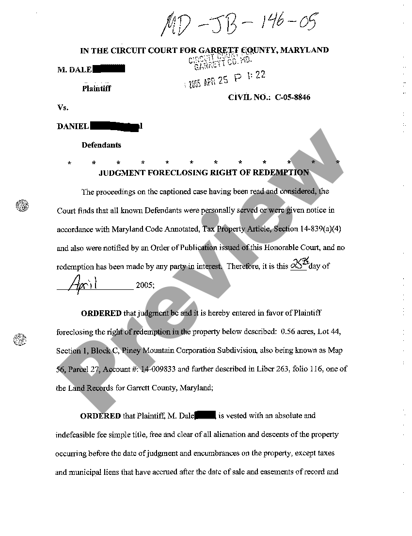 Maryland Judgment Foreclosing Right of Redemption US Legal Forms