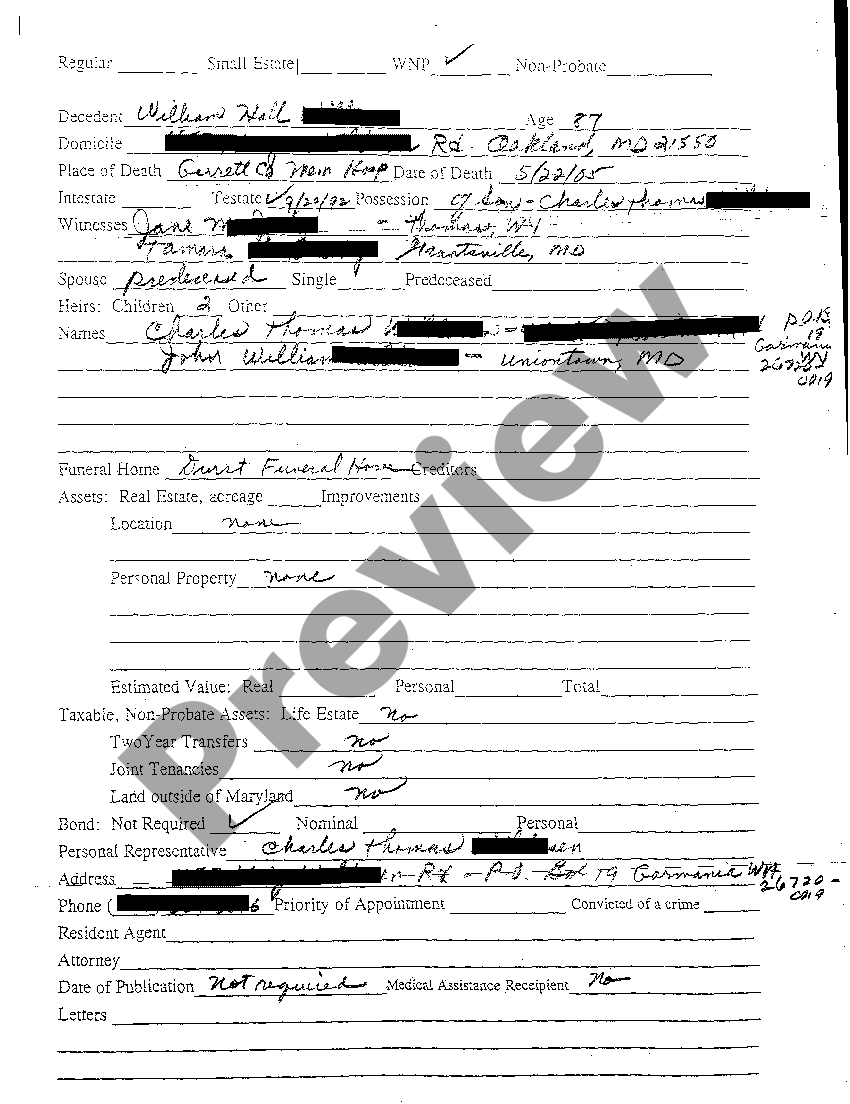 Maryland Register of Wills for Will of No Estate Will Of No Estate